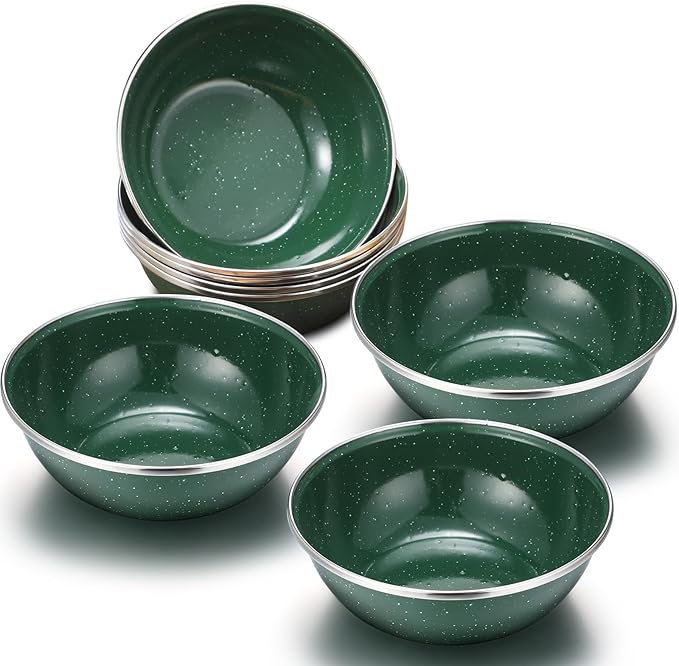 Sawysine 8 Pcs 6 Inch Enamel Bowl for Camping and Backpacking Enamelware Mixing Bowls Camping Cookware for Outdoor Cooking, Picnic, Snacks, Home, Farmhouse(Green)