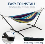 Double Hammock with Stand - Heavy Duty 450lbs Capacity, Portable Cotton Hammock for 2 Adults, Indoor & Outdoor Use with Travel Bag, Quick Assembly, Tropical Stripe Pattern