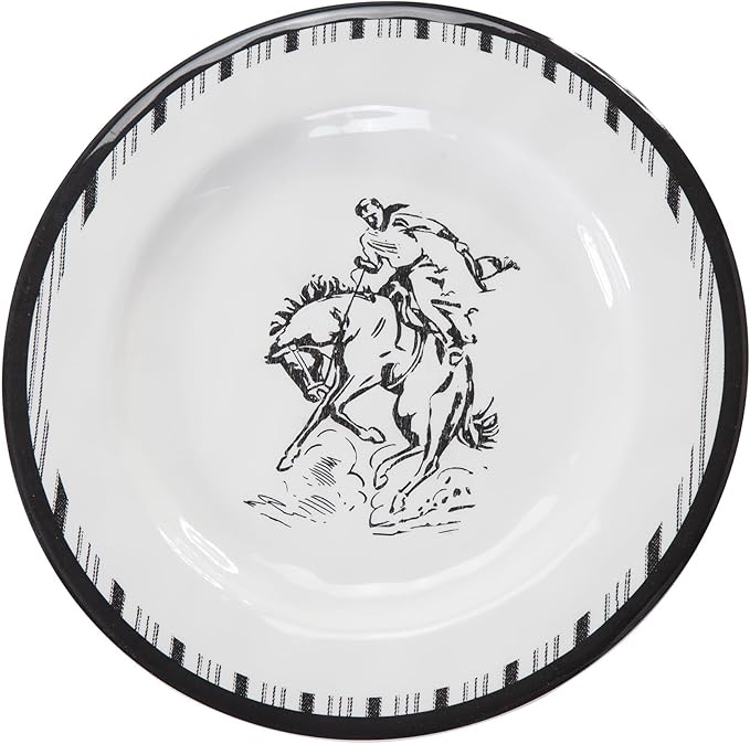 Paseo Road Ranch Life 14 Piece Melamine Plastic Dinnerware Set with Plates, Bowls and Serving Platter, Black and White, Southwestern Rustic Cabin Lodge Farmhouse Style