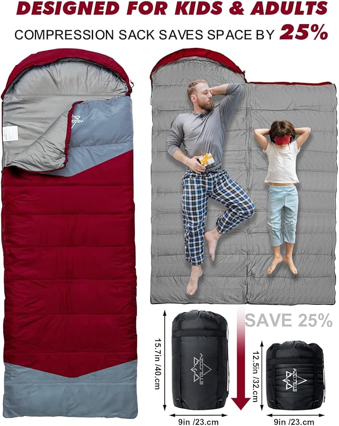 Single Sleeping Bag for Adults Kids 3-Season, Lightweight Waterproof Ripstop, Dual Zipper Bottom Vent, Compression Sack, Portable Camping Hiking Backpacking Gear