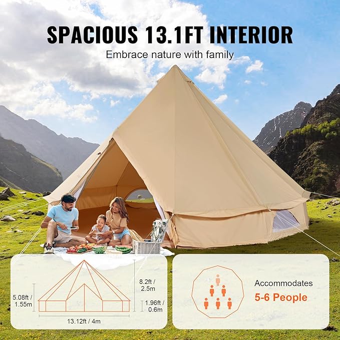 VEVOR Canvas Tent Bell, Yurt 4 Seasons for Camping with Stove Jack, Breathable Holds up to 4 People, Family Camping Outdoor Hunting Party