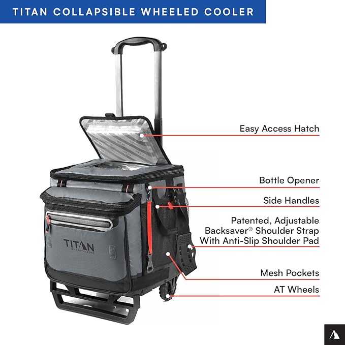 Titan Deep Freeze 60 (50+10) Can Wheeled Cooler - Collapsible Rolling Cooler with Wheels and All-Terrain Cart