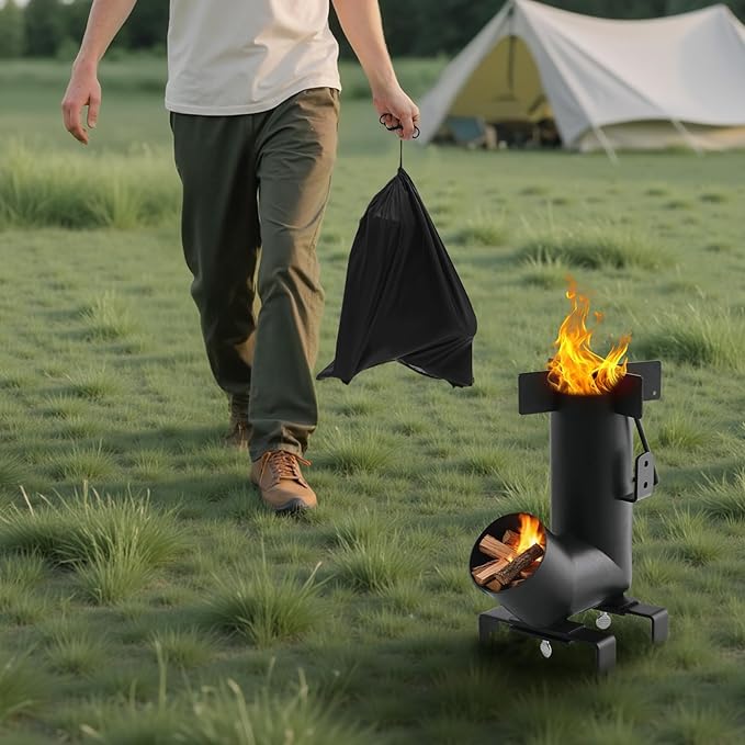 VEVOR Camping Rocket Stove, Wood Burning Portable Rocket Stove with Carrying Bag for Backpacking, Carbon Steel, Burn Wood, Twigs or Sticks for Outdoor Cooking, Backyard, Camp Cooking, Heating, Black