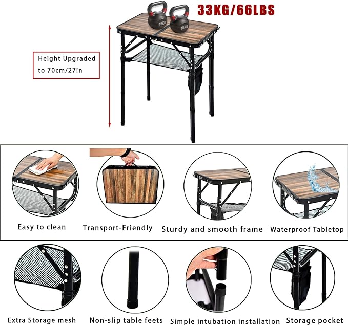 Mini Folding Camping Table - 2ft Lightweight Adjustable Height with Carry Handle, Anti-Stain Desktop for Outdoor Glamping/Picnic/Patio & Indoor Decor (24" L×16" W)