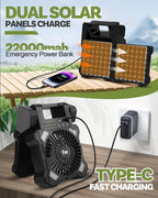 22000mAh Camping Solar Fan, Dual-Panel Rechargeable Solar Powered Fan with LED Light, 5 Adjustable Speeds Battery Powered Portable Fans, USB-C Fans for Travel Tent Home Camping Accessories
