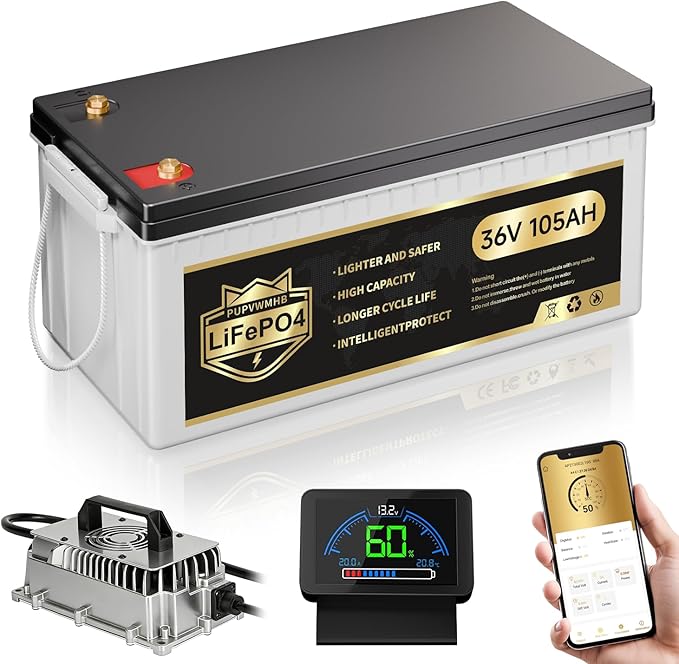 36V 105Ah Lithium Golf Cart Battery, 36 Volt LiFePO4 Battery, built-in Bluetooth 200A BMS and LCD display, IP65, with 43.8V 25A lithium battery charger, perfect for golf carts,Trolling Motor