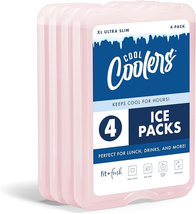 Cool Coolers by Fit & Fresh XL Slim Ice Packs, Quick Freeze Reusable Ice Packs for Lunch Boxes & Coolers, Long-Lasting, Space Saving Cooler Ice Packs, Light Pink, 4Pk