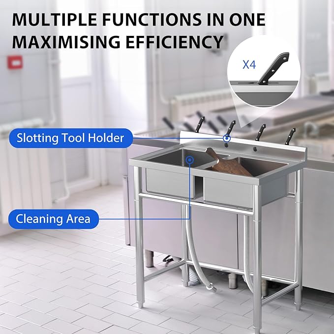 Zstar Stainless Steel Utility Sink, Commercial Restaurant Freestanding Double Bowl Laundry Sink, NSF Certificated, Outdoor Camping Stainless Steel Sink Set for Garage, Restaurant, Backyard (36in)