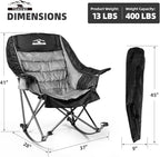Oversized Rocking Camping Chairs with Side Pocket & Cup Holder - Set of 2 Heavy-Duty 400lbs Padded Outdoor Chairs (Black & Gray)
