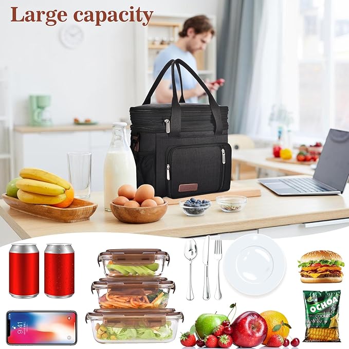 LOKASS Expandable Lunch Box for Women Men | Adult Lunchbag Cooler Tote Bag with Adjustable Shoulder Strap | Insulated Reusable Womens Lunch Bags for Work Camping Beach | 16L, Black