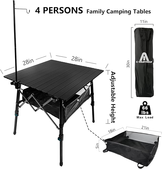 Folding Camping Table Portable with Large Storage Organizer and Lantern Pole, Lightweight Compact Aluminum Foldable Table for Outdoor, Picnic, Fishing, Backpacking, Hiking, Cooking