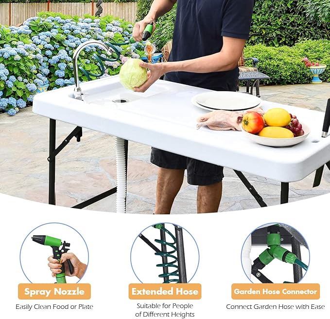 GYMAX Fish Cleaning Table with Sink, Folding Fish Cleaning Station with Adjustable Spray Cleaner, Foldable & Rotatable Faucet, Portable Fillet Table for Outdoor Camping, Fishing, Picnic