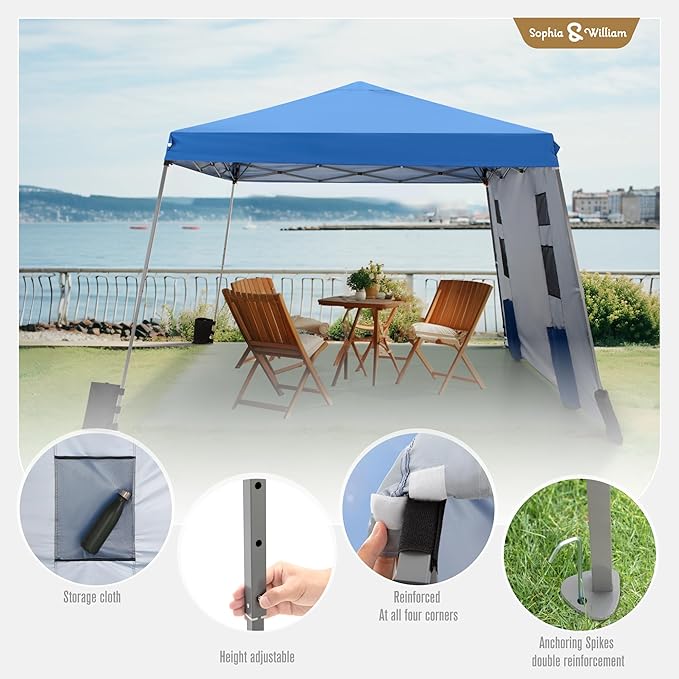 Sophia & William Canopy Tent Pop Up 12x12ft Base/9x9ft Top Easy Set Up Tent Slant Legs, Outdoor Canopies Shelter with 1 Sidewall & 4 Sandbags, 1 Roller Bag & Storage Bag, 8 Stakes & 4 Guy Ropes UPF50+