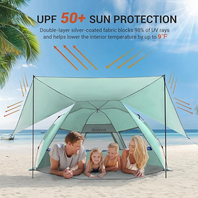Elegear Beach Tent with Canopy, 1-Second Setup Pop Up Sun Shelter Shade, UPF 50+ UV Protection Silver-Coated Lightweight Portable Beach Cabana