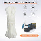 Nylon Rope, 1/4 inch 100FT Nylon Poly Rope Utility Cord Strong Polyester for Camping, Hiking, Clothesline, Tie, Flag Pole, Marine, Outdoor Swing (6mm White)