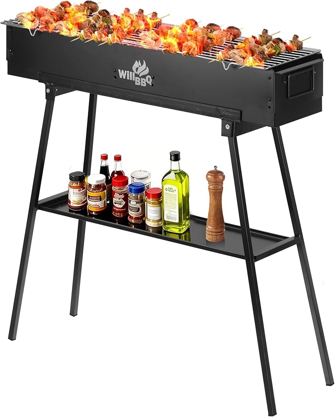 WILLBBQ Charcoal Grills Commercial Quality Portable Hibachi BBQ Lamb Skewer Folded Camping Barbecue Grill for Backyard Outdoor Cooking Use (31.5x7.2x5.2 inch), BLACK