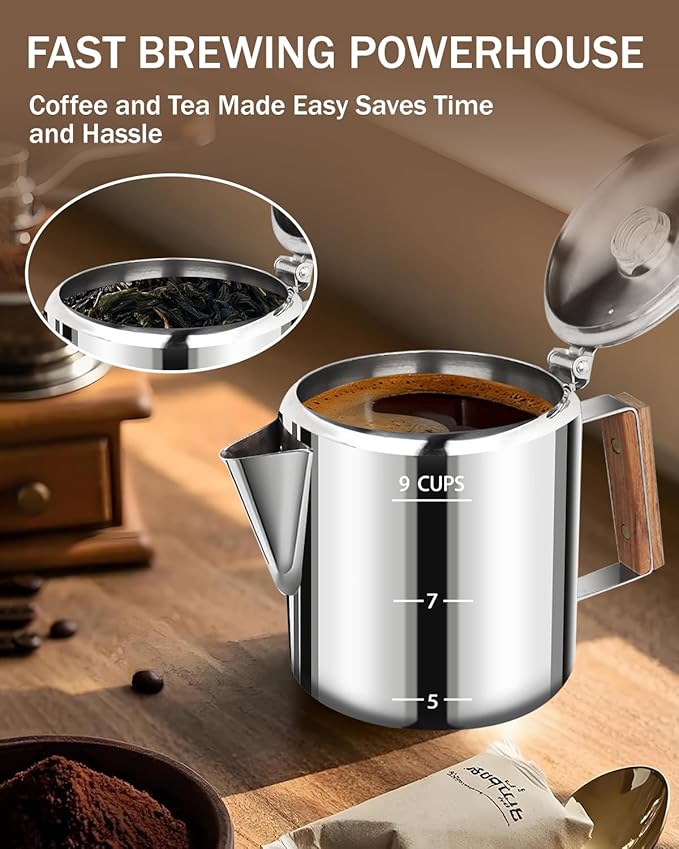 Coffee Maker Coffee Percolator 304 Stainless Steel Pot Stovetop Easy Brewing Even Heating 9 Cup 50.7oz 1500ml Silver Classic Design Heat Resistant Home Camping Outdoor
