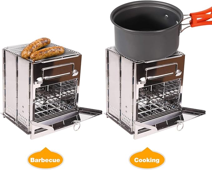 Large Portable Folding Camping Wood Stove for Outdoor Cooking, Sturdy Lightweight 304 Stainless Steel Wood Burning Camp Stove with Grill for Backpacking BBQ Silver