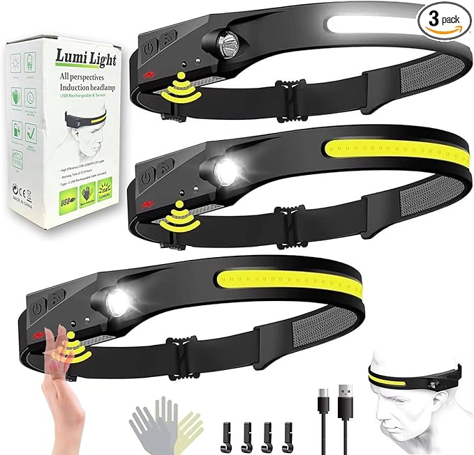 Lumi Light LED Headlamp Rechargeable, LED Head Band, 230° Wide Beam with Motion Sensor for Adults, 5 Mode Waterproof Lightweight Outdoor Camping Hiking Cycling Essentials (3)