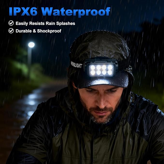 Rechargeable Headlamp 2 Pack, 2500 Lumen Bright 8 LED Headlight, 10 Modes Adjustable Motion Sensor, USB-C Waterproof Head Flashlight, Outdoor Hiking Camping Fishing (8 Led Headlamp)