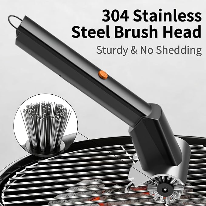 Rechargeable Electric BBQ Grill Brush, 2600mAh Battery, 2-Speed Power, LED Light, 100 Mins Long Runtime, 304 Stainless Steel Heat Resistant Grill Cleaner for Outdoor Camping & Grilling