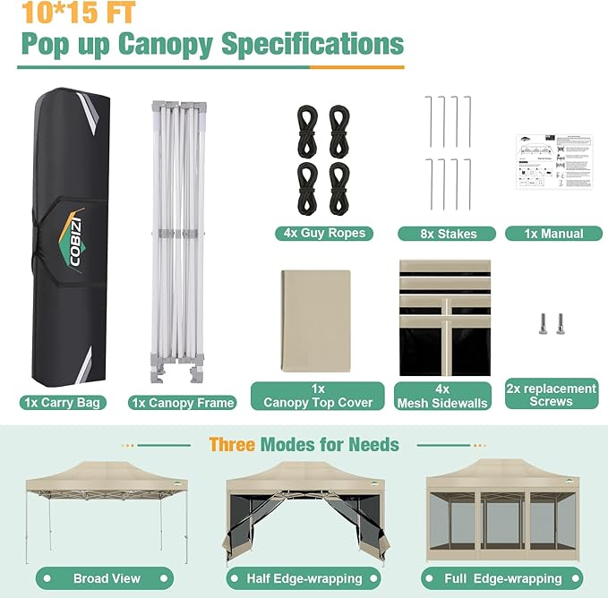 COBIZI 10x15 Canopy Tent, Heavy Duty Pop up Canopy with Sidewalls, Waterproof Easy Setup Canopy with Mosquito Netting, Outdoor Instant Screen Tents for Parties, Wedding, Backyard with Carry Bag, Khaki