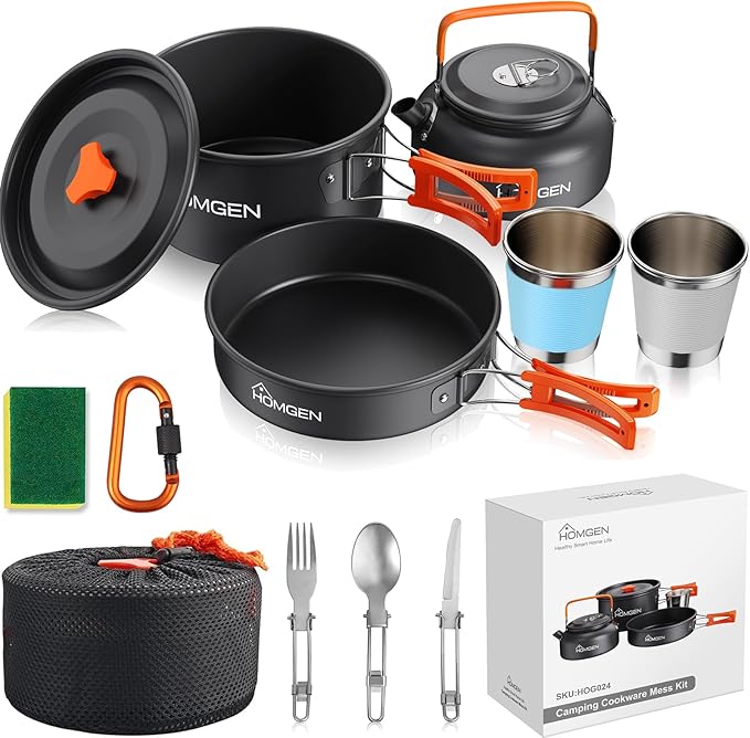 HOMGEN Portable Camping Cookware Set-Lightweight Aluminum Camp Pots and Pans Kit-Comes with Non-Stick Pots/A Frying Pan etc-Complete Camping Mess Kit for Camping/Hiking/Fishing & Other Outdoor Trip