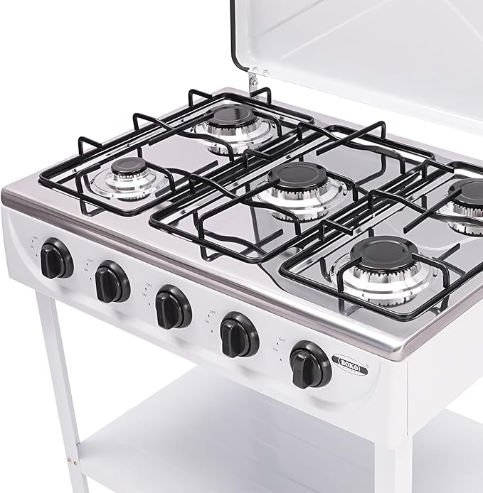 Natural Gas Stove, 12.5KW 5-Burner Camping Stove with 5 Fire Adjustment Knobs and 2 Tiers Storage Rack, Portable Gas Cooktop Outdoor Cooking Tool for Camping Fishing Travel, White