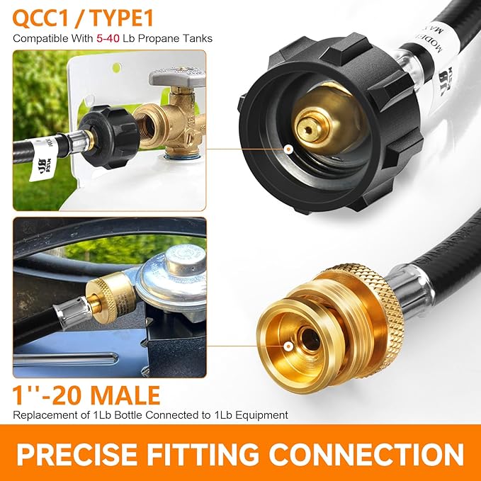 GasSaf 5FT Propane Hose, Propane Adapter 1lb to 20lb Converter, Propane Tank Gas Grill Hose Suitable for Weber Q Grill, Coleman Camping Stove, Buddy Heater and More Portable Grills