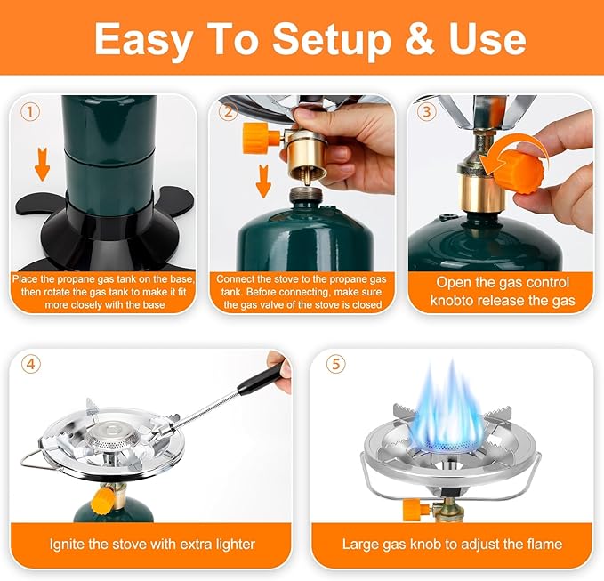 Camping Stove Propane Burner, Portable Camp Stove with Foldable Gas Tank Base, Adjustable Flame Backpacking Cooker for Camping, Small Single Burner Propane Stoves Kit for Hiking Tent Outdoor Cooking