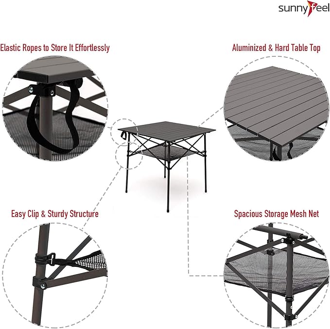 SUNNYFEEL Aluminum Folding Table for Camping, Lightweight Roll Up Top, Portable Camp Tables with Carry Bag for Outdoor Picnic (Square, Brown)