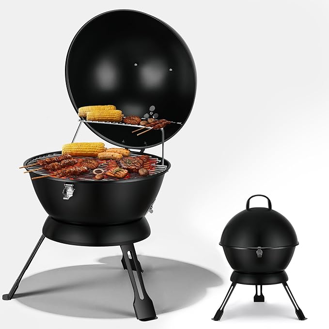 14-Inch Portable Barbecue Grill,Outdoor Small Grill with Dual Venting System and Warming Rack for Picnic, Camping, Backyard,Black