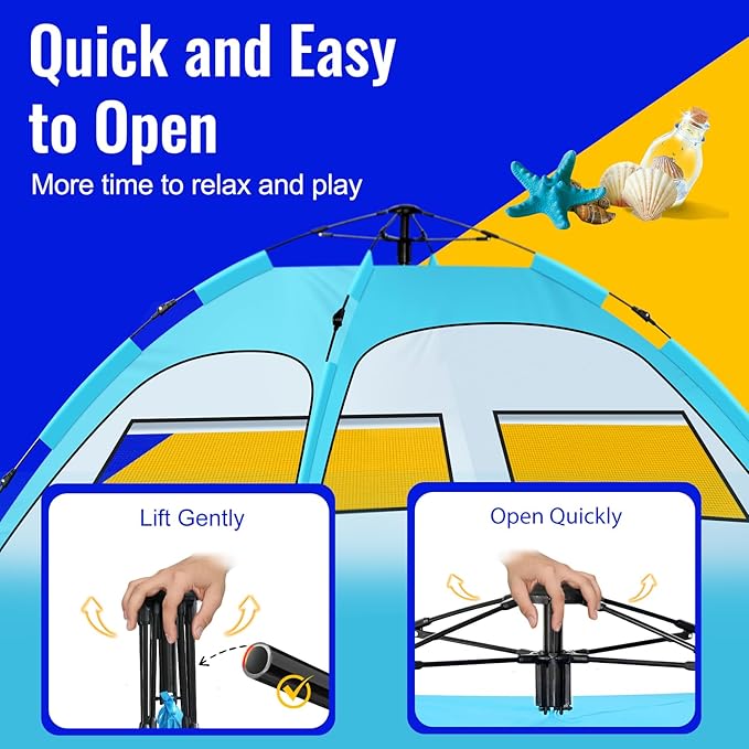 Beach Tent Sun Shade for 4-5 Person, Two Doors Large Pop Up Beach Tents for Adults and Kids, Portable Automatic Instant Sun Shelter Canopy Tent UV 50+, Ideal for Garden, Fishing, Picnic