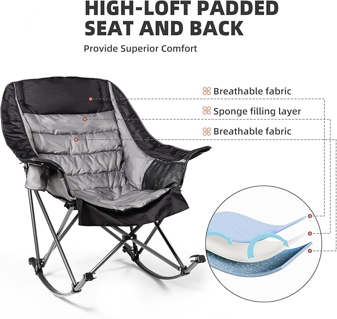 Oversized Rocking Camping Chair for Adults - 400lbs Capacity Padded Camp Chair with Cup Holder, Portable Foldable Outdoor Rocker Chair for Camping, Backyard, Patio (Black & Gray)