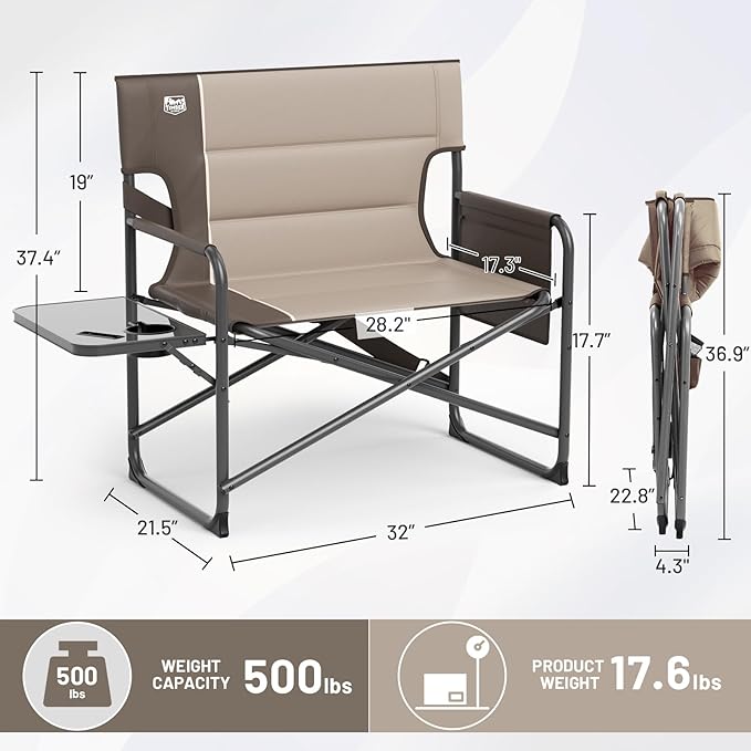 Timber Ridge XXL Extra Wide Foldable Directors Chair with Side Table, 500 lbs Heavy Duty Camping Chairs for Adults, Oversized Folding Lawn Chair for Lawn Beach Sports Outdoor, Blue
