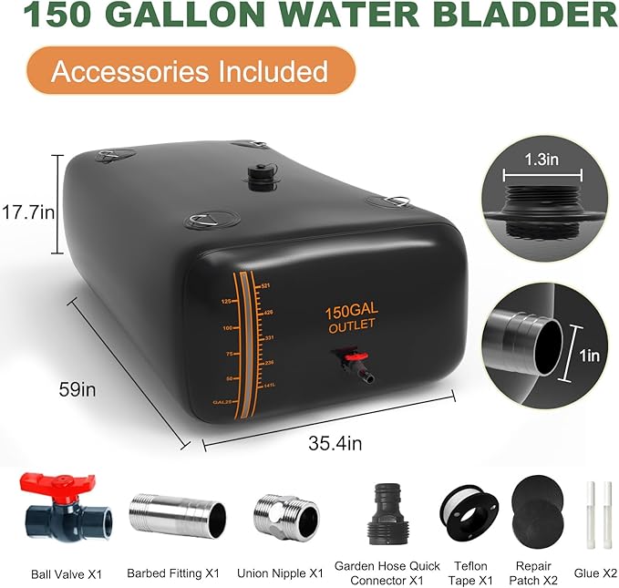 150 Gallon Water Storage Bladder - 1000D PVC Black RV Water Bladder, Portable Collapsible Storage Tank Containers for Gardens, Camping, Emergency Use
