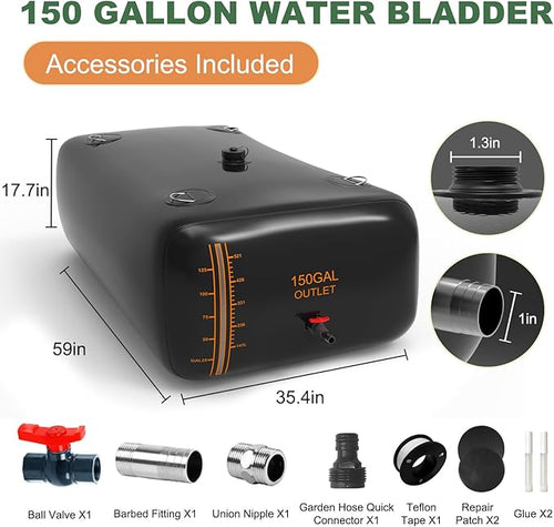 150 Gallon Water Storage Bladder - 1000D PVC Black RV Water Bladder, Portable Collapsible Storage Tank Containers for Gardens, Camping, Emergency Use