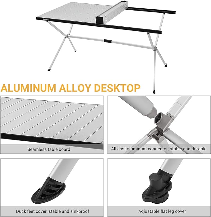 KingCamp Large Folding Camping Table Aluminum Roll Up Table Oversized Camp Table Stable Portable Outdoor Folding Table for Picnic Camping BBQ Backyard Party, 57.4''×31.4'' 6-8 Person,Support 176lbs