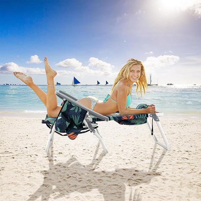 GYMAX Beach Chairs, Backpack Camping Chair with Armrest, Cooler Bag, Cup Holder, Towel Bar & Side Pockets, Sunbath Sling Tanning Lounge, Folding Layout Chair (4 Chairs Without Table, Flower)