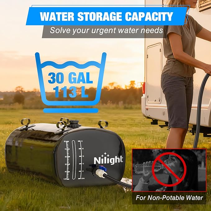 Nilight 30Gal/113L Water Storage Bladder RV Potable Water Bladder Tank 1000D PVC Foldable Collapsible Water Storage Containers for RV Truck Bed Camping Garden Irrigation Emergency Water Use Black