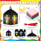 12 Sets Easter Crafts Religious Cross Crafts with LED Candle Light DIY Christian Cross Lantern Tissue Paper Kits Religious Hanging Ornament for Church Sunday School VBS Activities