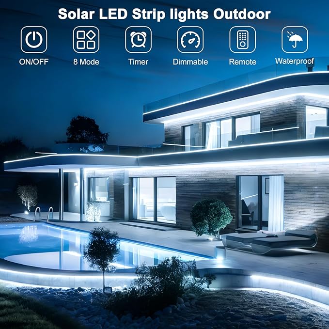 Upgrade Solar Led Strip Lights Outdoor, 50ft Solar Rope Lights Self-Adhesive Waterproof, 8 Mode with Remote Timer and Auto On/Off, Perfect for Deck, Patio, Poolside, Camping Decor, Cold White