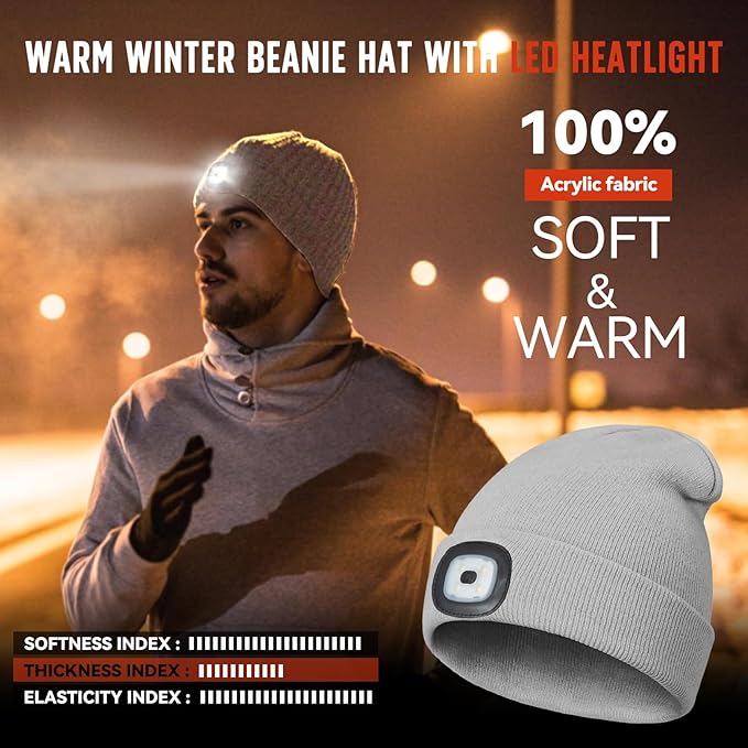 Unisex Beanie Hat with Light, Rechargeable Headlamps Cap, Gifts for Men, Hiking, Camping headlamps, Cool Gadget Birthday Gifts for Men, Women, Dad, Father, Boyfriend, Grey