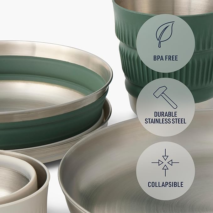 Sea to Summit Detour Stainless Steel Collapsible 2 Person Camp Dinnerware Set (2 Plates, 2 Bowls, 2 Mugs)