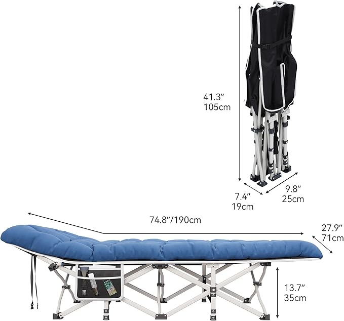YITAHOME Camping Cots w/Mattress Portable Lounge Chair Outdoor Folding Cot Heavy Duty 575 LB Capacity 1200D Oxford w/Carry Bag Travel Camp Bed for Camping, Office, Traveling, Navy Blue