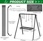Campfire Swing Grill Stand Adjustable Campfire Cooking Equipment Camping Accessories Cookware Hanging Rack with 8 Hooks and Portable Grill Stand for BBQ Picnic Outdoor Party