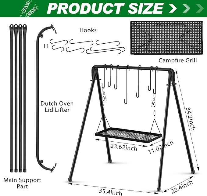 Campfire Swing Grill Stand Adjustable Campfire Cooking Equipment Camping Accessories Cookware Hanging Rack with 8 Hooks and Portable Grill Stand for BBQ Picnic Outdoor Party