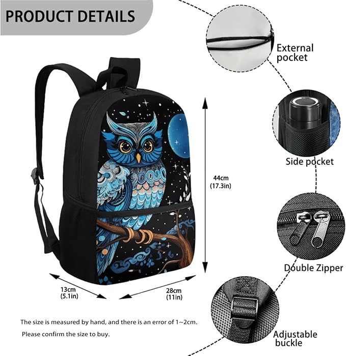3 Set of Blue Owl and Moon Printing Book Bag, Matching Portable Lunch Box and Large Capacity Pencil Case, 17 inch School Backpack with Sturdy Handle Double Zipper