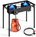 Karl home 2 Burner Propane Gas Stove, 15,0000 BTU Camping Cooker with Removable Legs & Adjustable PSI Regulator for Baking Frying Backyard Cooking BBQ Outdoor