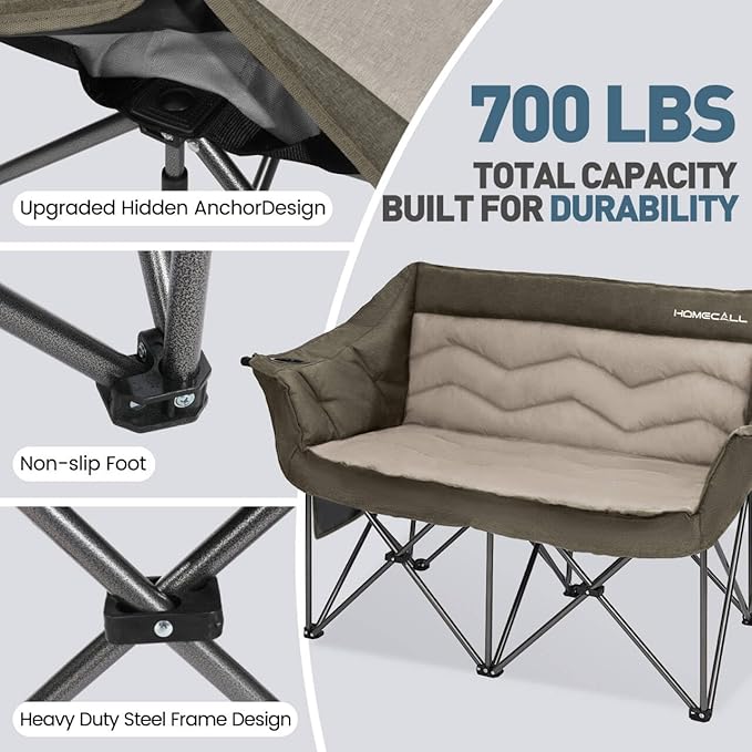 Oversized Double Camping Chair for Adults - Heavy Duty Folding Loveseat Support 700 lbs, Extra Wide 2 Person Camping Couch with Thick Padding, Cup Holders & Storage Bag, Green